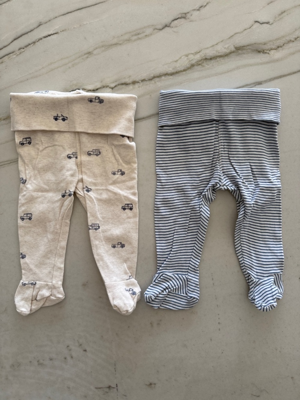 H&M Baby Footed Leggings Duo - Neutral Beige Car Print + Navy Stripe